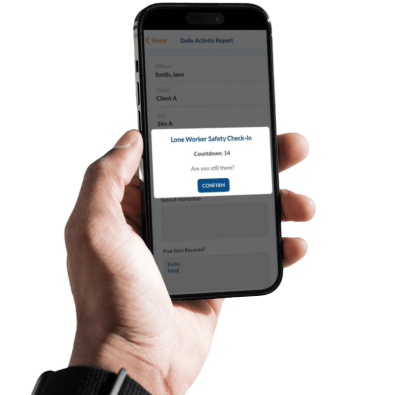 security officere's mobile phone using security guard software showing lone worker safety check
